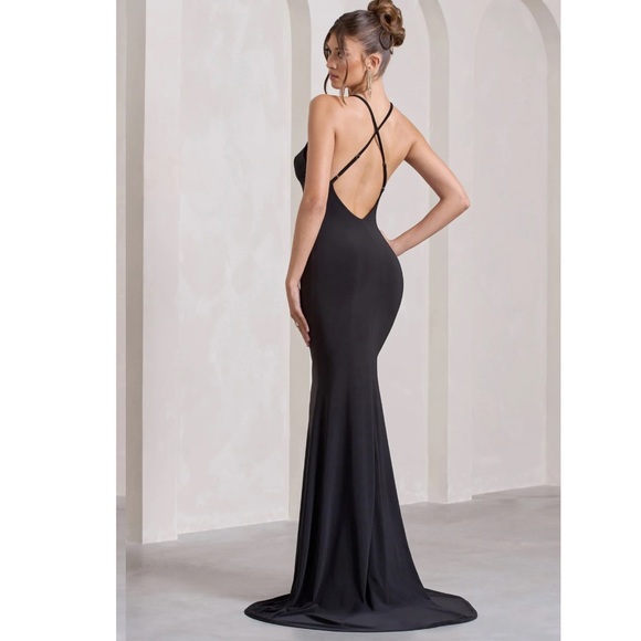 NWT ASOS club London Black Cross Over Baok Fishtail Maxi Dress - Picture 4 of 12